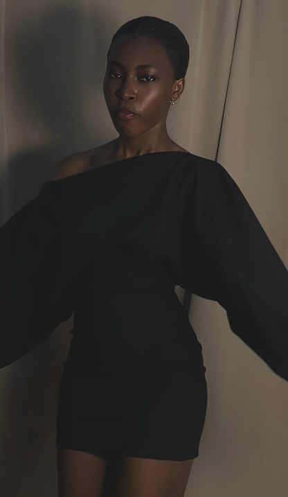 BELLE CREPE WIDE SHOULDER DRESS