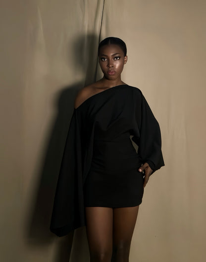 BELLE CREPE WIDE SHOULDER DRESS